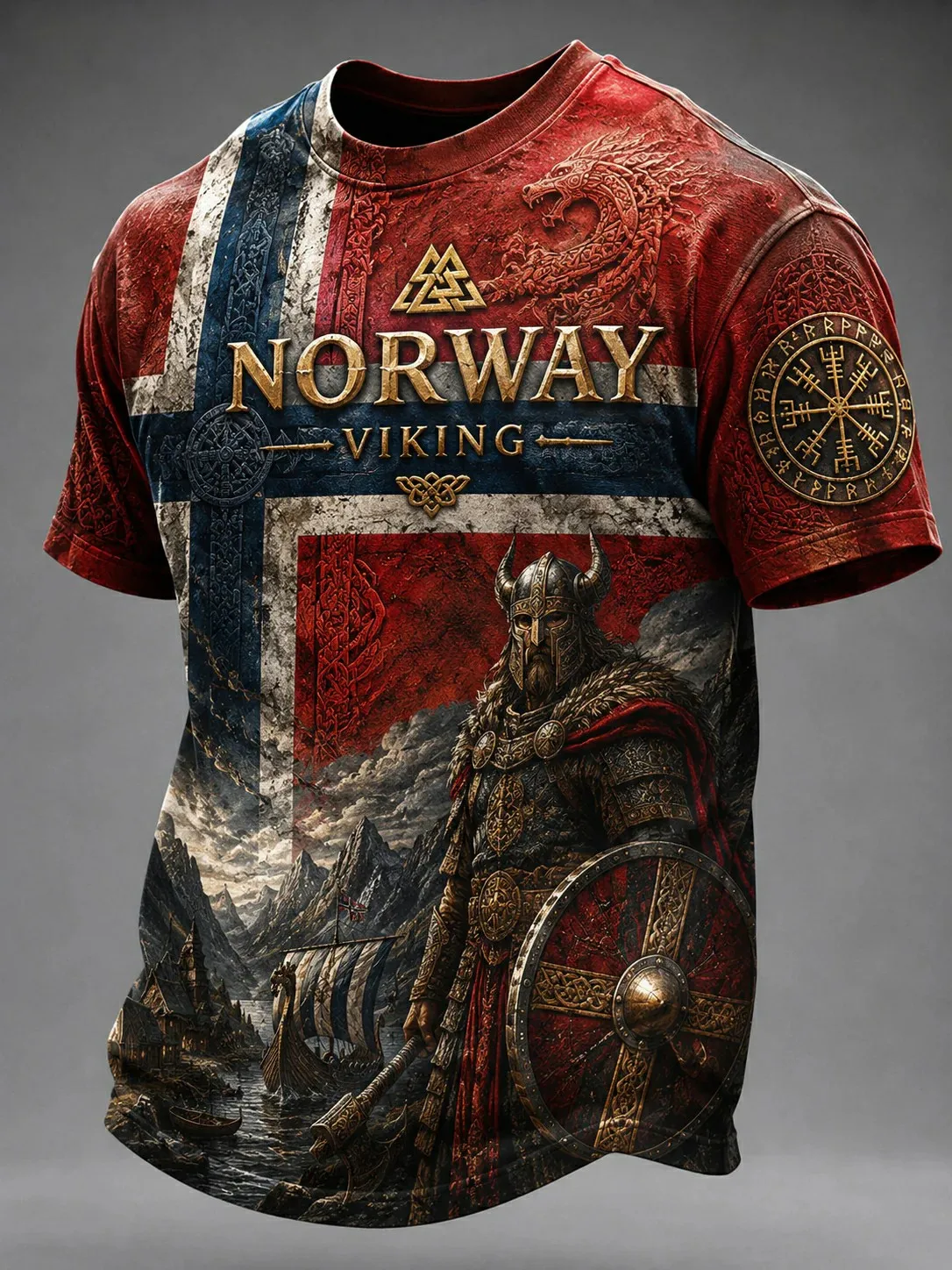 T-shirt imprimé vintage avec motif bouclier de guerrier nordique, emblème de dragon et de rune, scène de village fjordais, style décontracté pour fan national, impression 3D