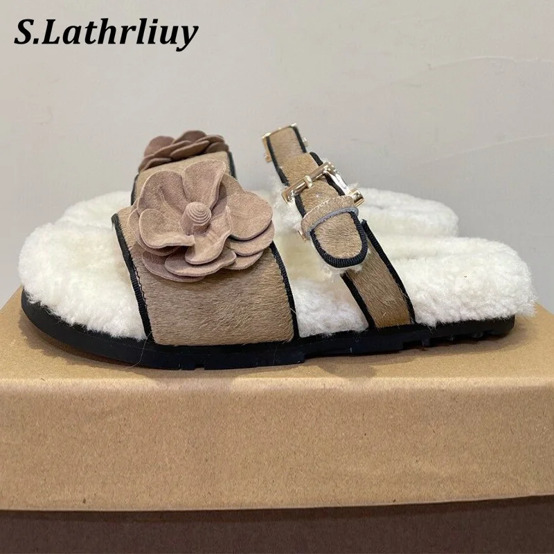 Thick Bottom Open Toe Fur Slipper Women's Wool Lining Casual Shoes Spring Autumn Flower Belt Buckle Flat Lazy Sandals 2024