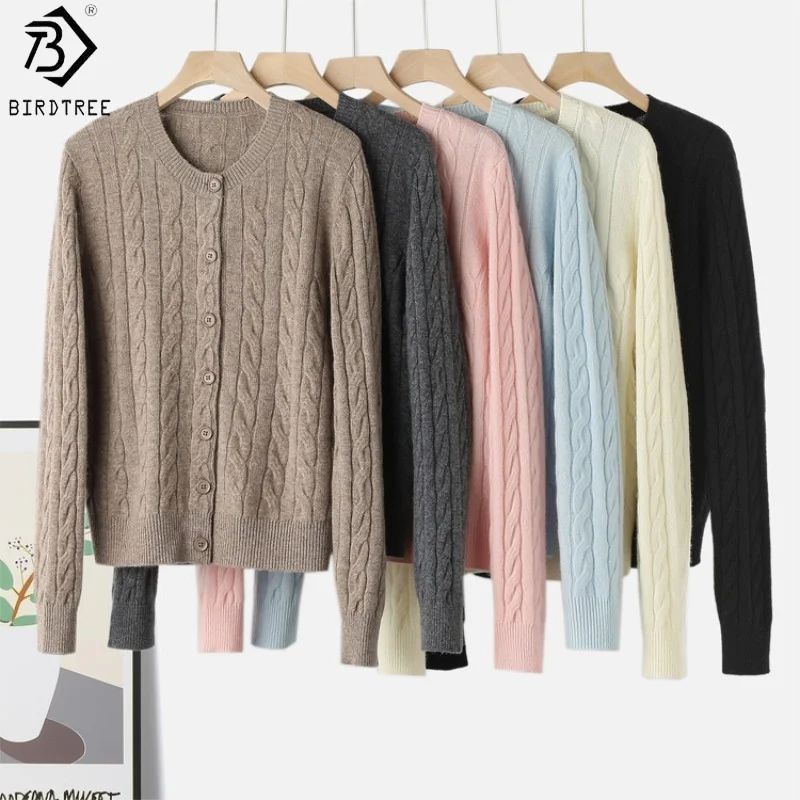 

Birdtree,100% Sheep Wool Cable Stitch Knitted Cardigan,Woman O-neck Single Breasted Sweaters,2025 Autumn/Winter Top T5O913JF