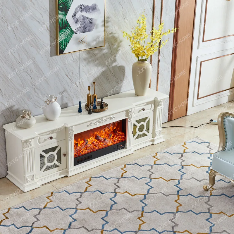 LFireplace TV Cabinet Living Room Solid Wood Decorative Cabinet Carved Simulation Flame