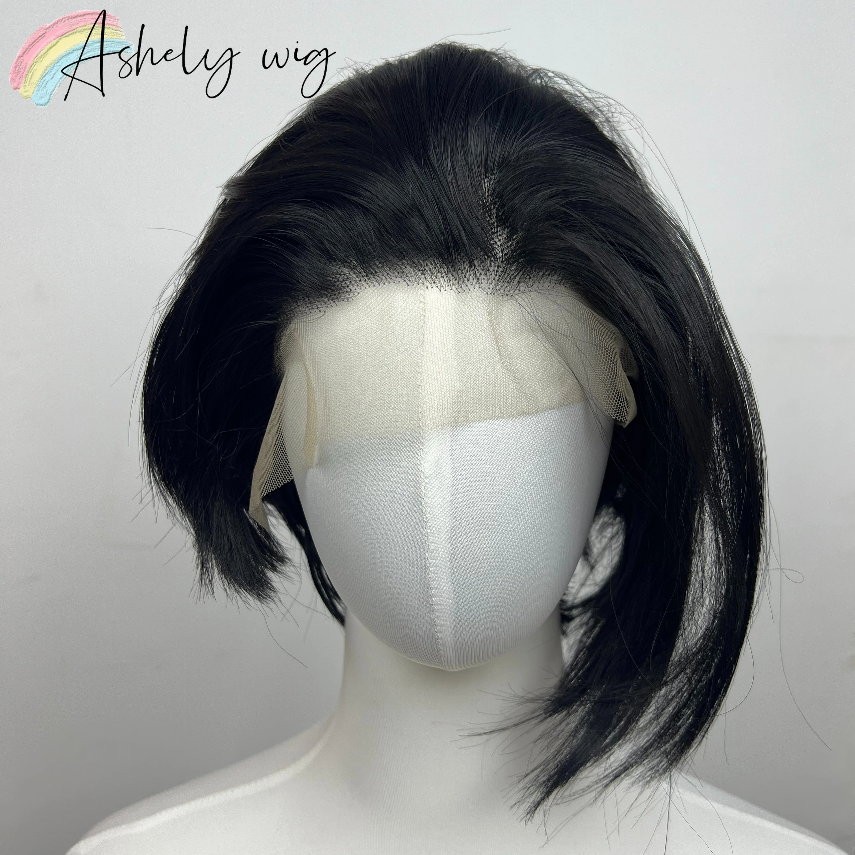Parrucca corta nera Ashely per uomo 8 pollici 13 * 4 HD Frontale in pizzo Fibre ad alta temperatura Parrucche sintetiche in pizzo dall'aspetto naturale per cosplay