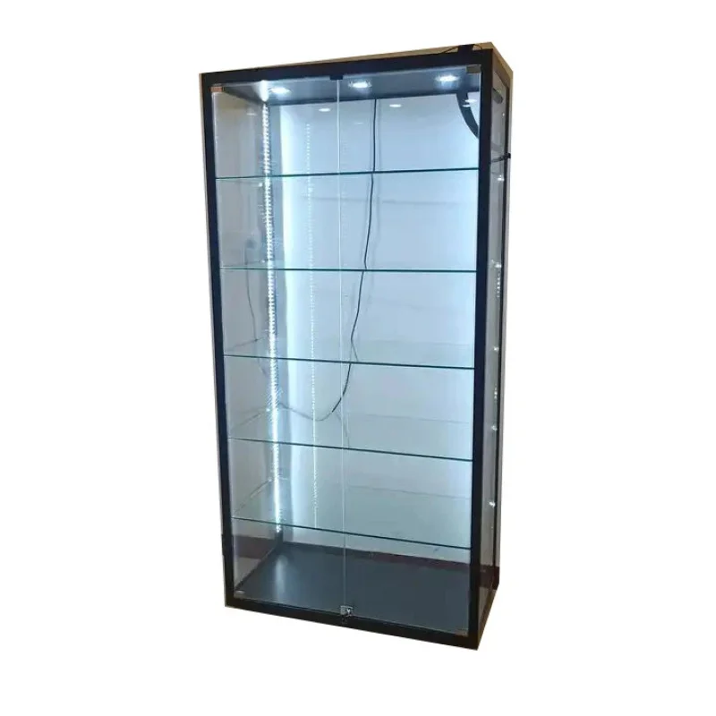 custom.Custom Tempered Glass Cabinet Jewelry Display 5-Tier Shelves Sliding/Swing LED Lighting Durable