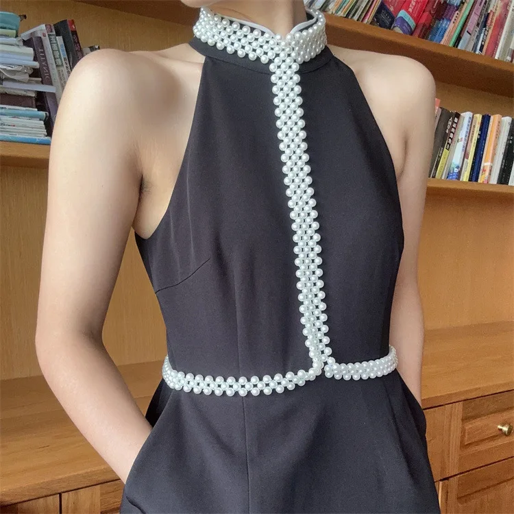 Fashion Simple Beaded Vest Pearl Body Chain Handmade Pearl Top Bra Metal Woven Bead Waist Chain Body Chains for Women