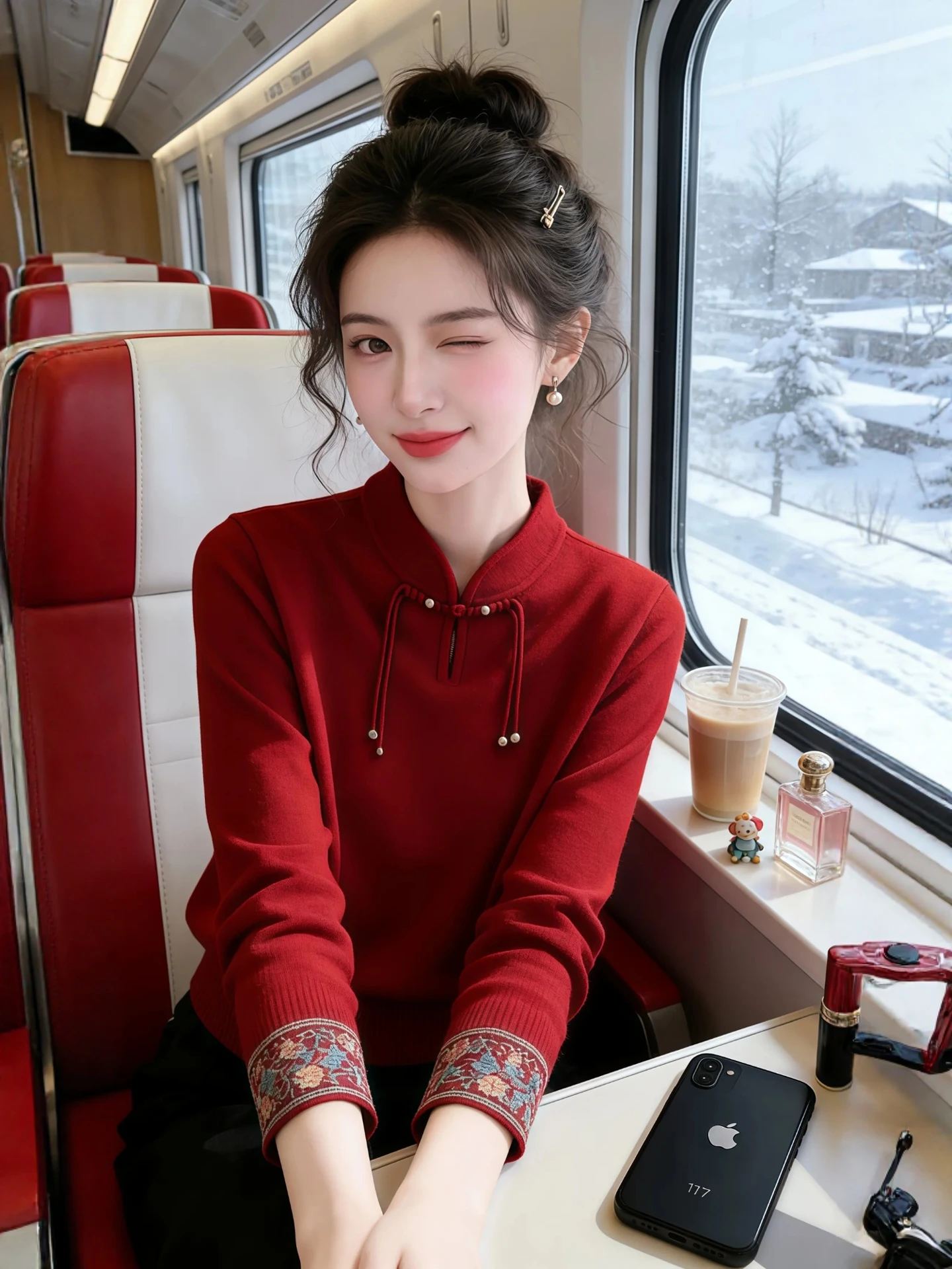 

Red Knitted ort Top Women's Faion Spring Large Size Beautiful Collar New Year's Traditional Chinese Sle Breathable Poly...