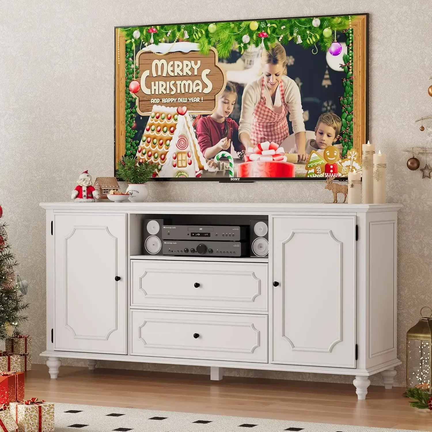 

Подставка под телевизор в фермерском доме для 75-дюймового телевизора, высокий развлекательный центр со шкафами для хранения и 2 ящиками, консольный столик для телевизора