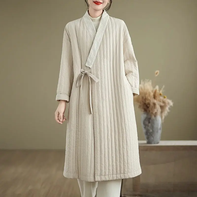 Winter Vintage Slant Collar Strap Long Cotton Jacket Chinese Style Thick Quilted Cotton Linen Vertical Strip Pressed Coat A185