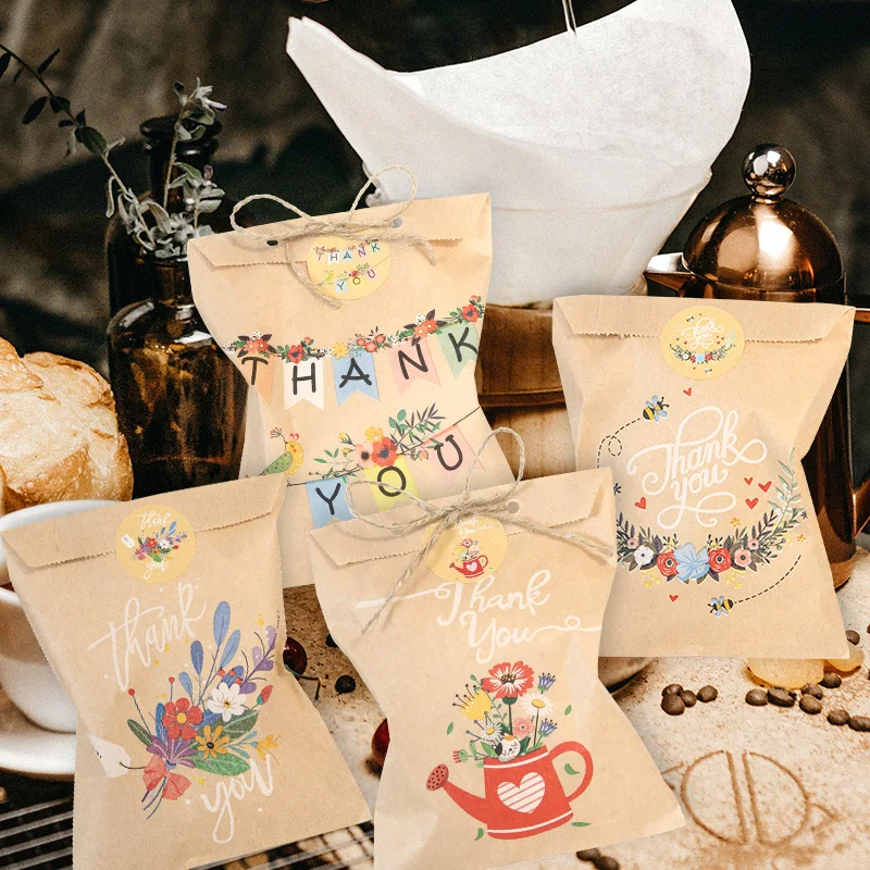 24Sets Thank You Kraft Paper Bags Cute Rainbow Dino Happy Birthday Gift Pouch Retro Flower Party Favor Bag Candy Cookie Supplies