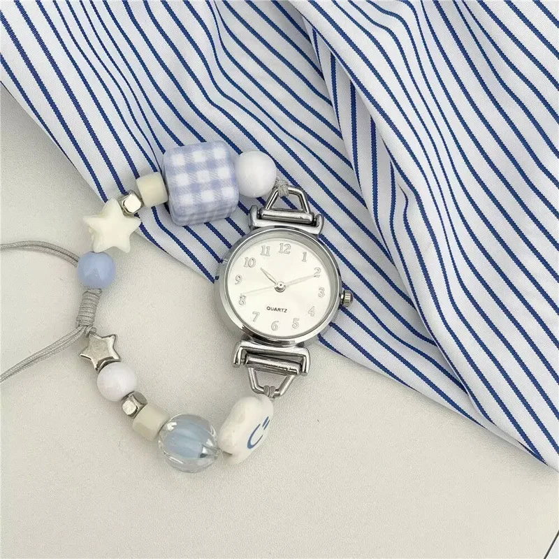 Women's Korean Style Milk Blue Plaid Quartz Watch with Beaded Adjustable Drawstring Strap Stylish Attractive Ladies Wristwatches