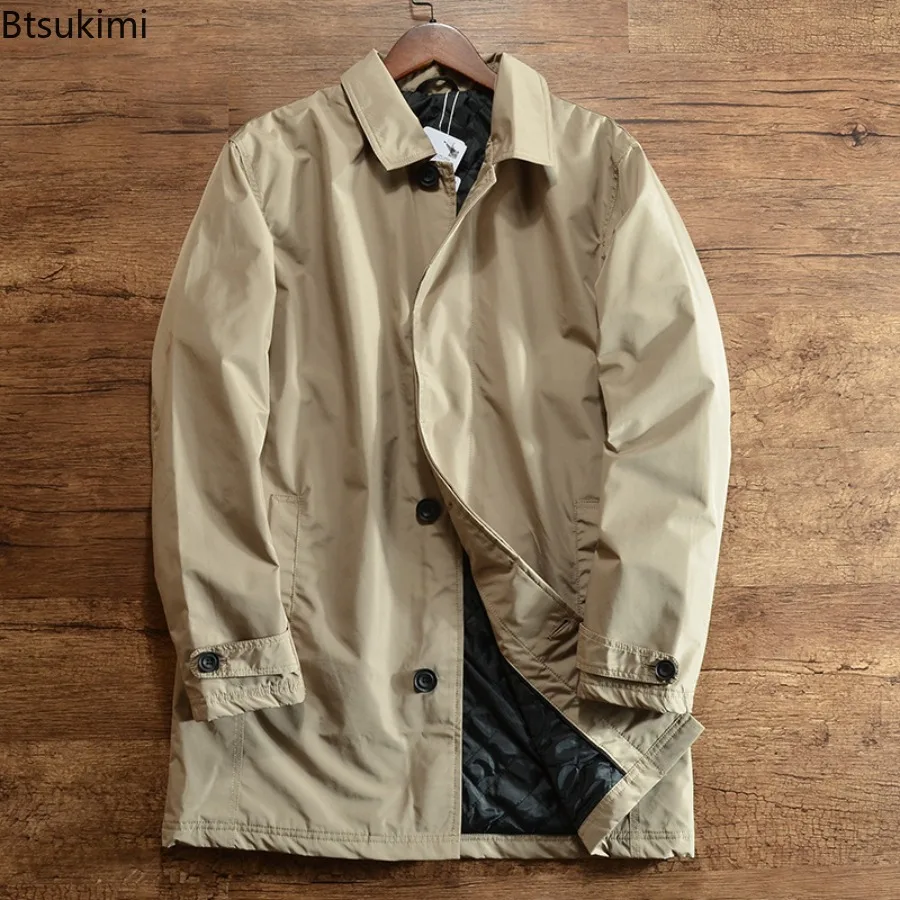 2025 الرجال سترة واقية أنيقة السترات خمر بسيطة عادية الدافئة معطف واقٍ من المطر الخريف الشتاء متوسطة طول التلبيب زر حتى القمم