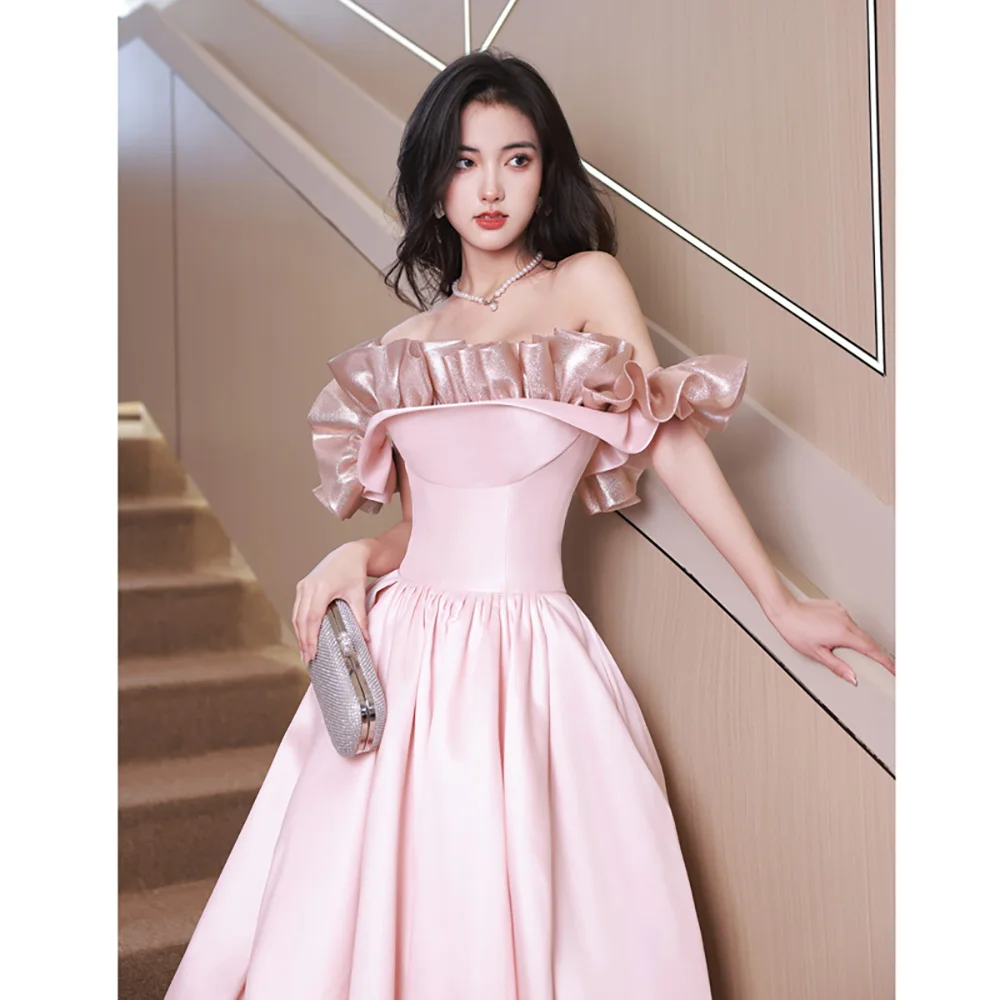 Luxury Long Pink Satin Evening Dress Women Shiny Ruched Off Shoulder Banquet Quinceanera Dresses Elegant Lady Formal Gown