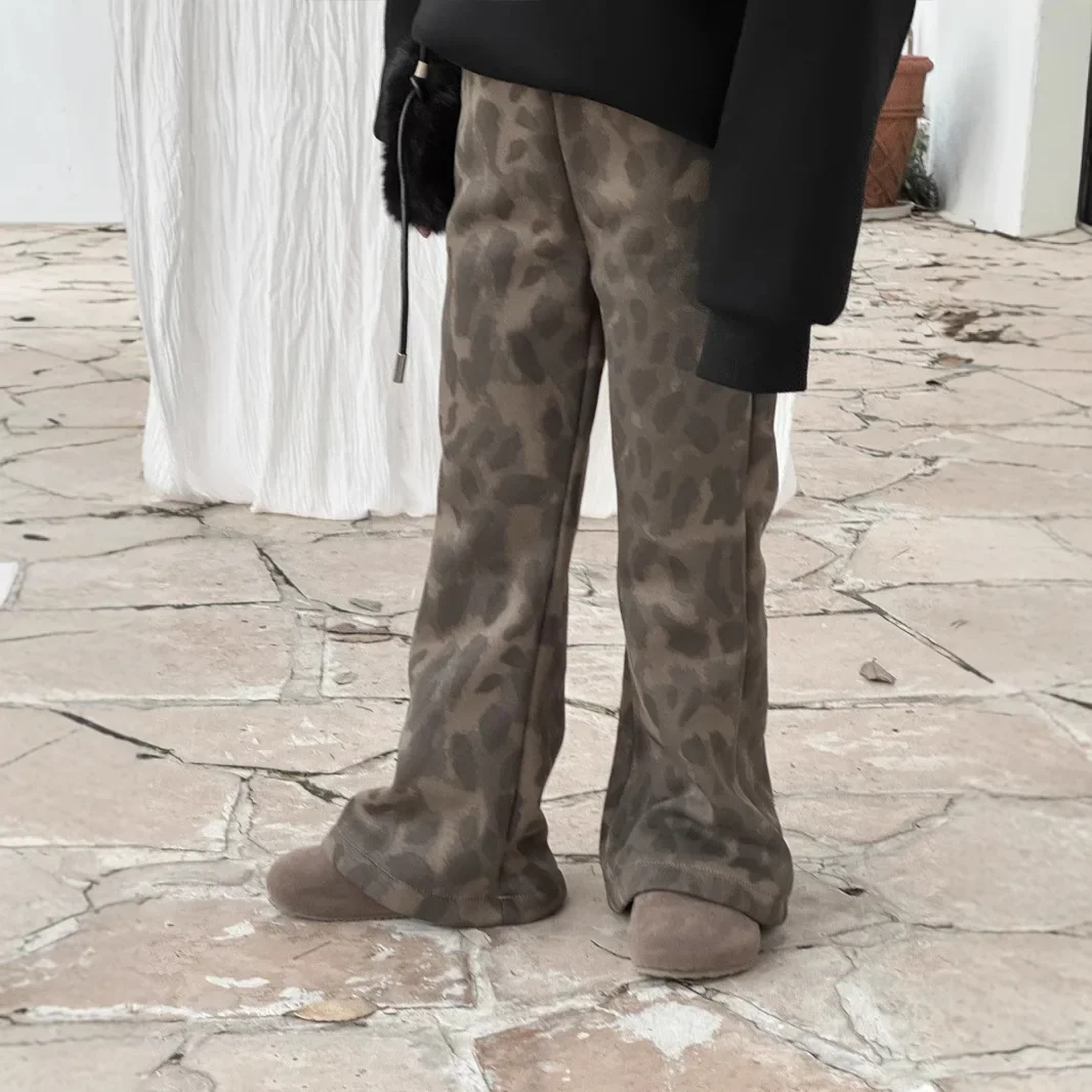 

Childrens Pants Winter New Korean Fashion with Velvet Camouflage Leopard Print Casual Micro Flared Pants Kids Clothes