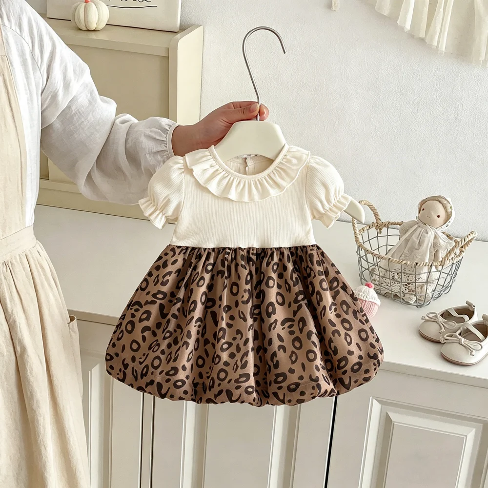 Girl's Dress Summer Cute Leopard Print Short Sleeved Baby Girl's Dress Cute Princess Lace Baby Dress Baby Girl Clothing ﻿