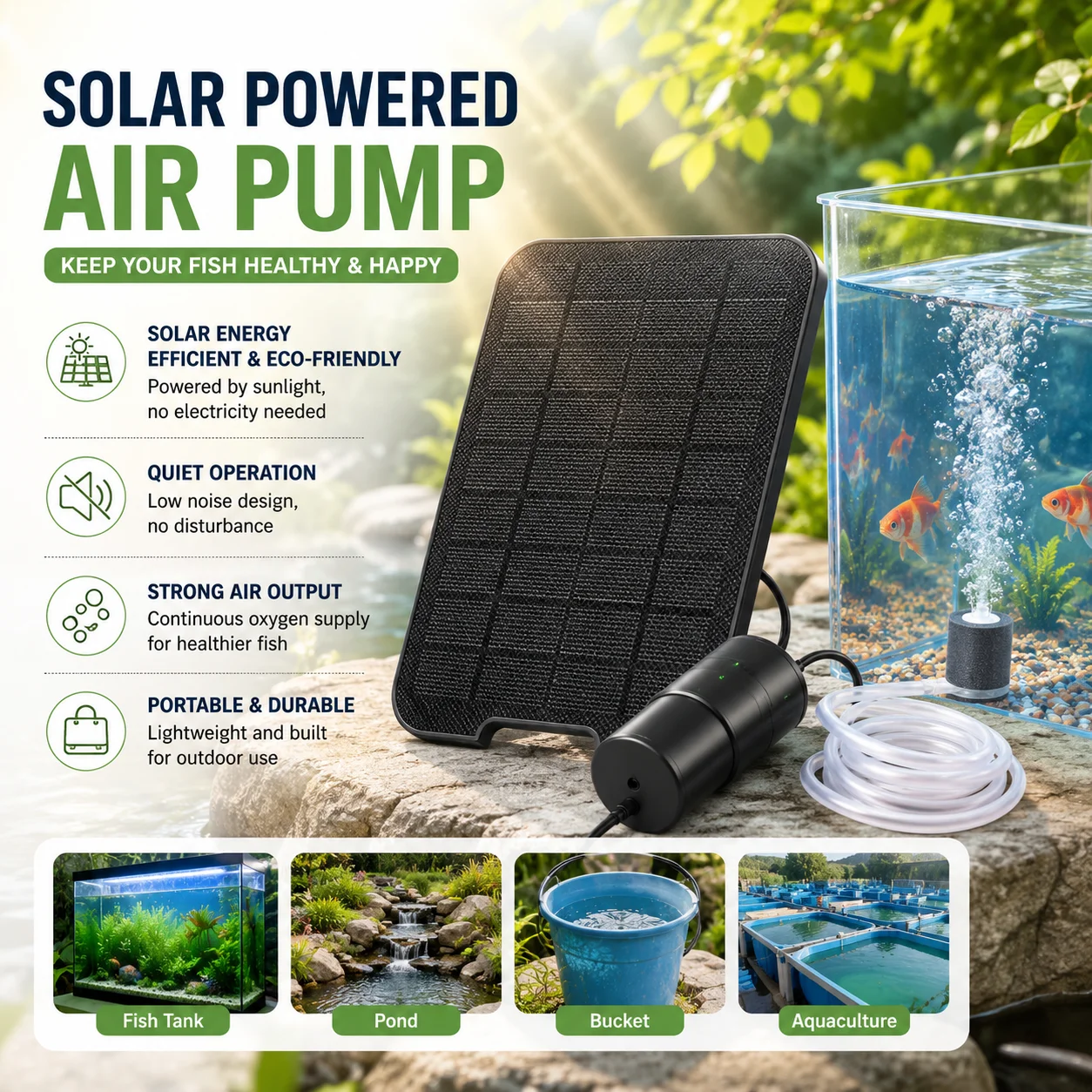 Pompa tlenowa solarna, cicha, przenośna pompa napowietrzająca do akwarium, stawu, akwakultury na zewnątrz, ciągłe zasilanie tlenem.