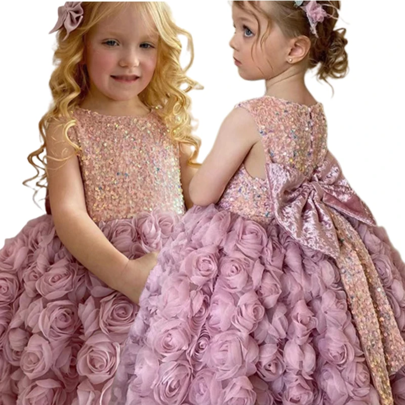 2024 New Arrival Girls Pink Sweet Princess Dress Baby Kids Big Bow Birthday Party Clothing Child Wedding Dress Teen Retro Dress