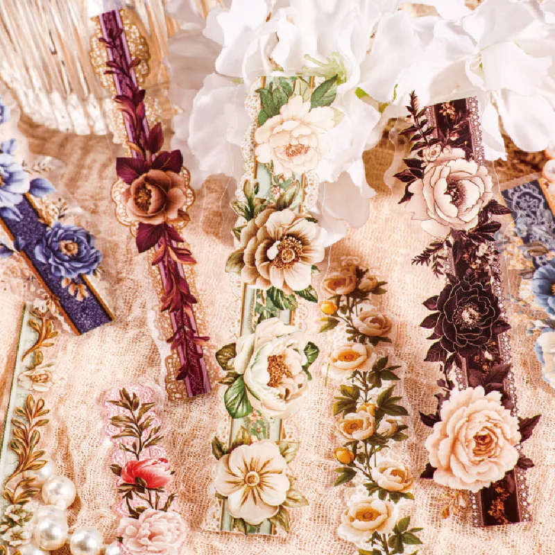 10 Photos 6 Books Waterproof PET Long Stickers Floral Fragrance Series French Retro Rose Flower Lace Pattern Creative Hand Note