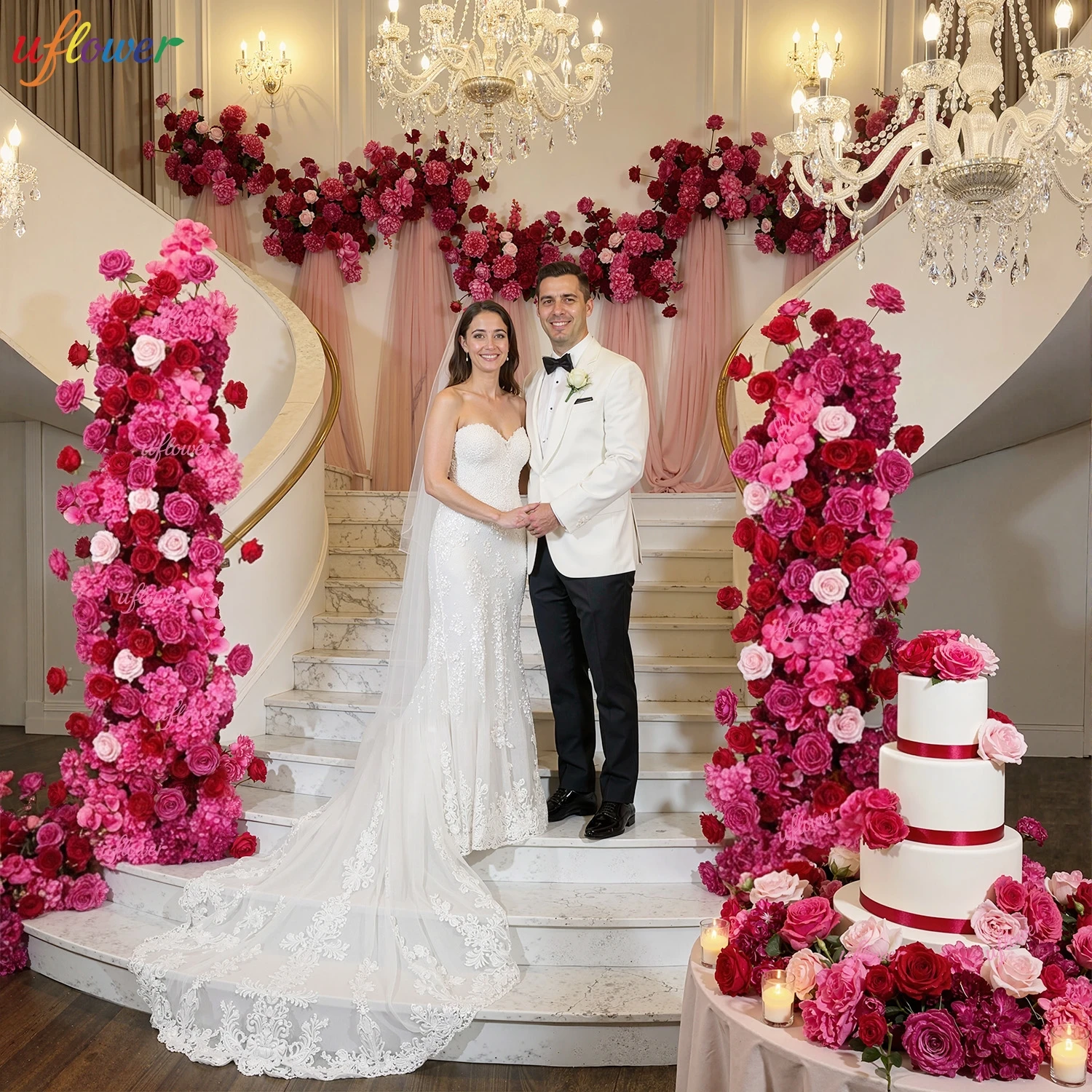 

Uflower 5D Red Pink Rose Hydrangea Floral Arrangement Wedding Backdrop Arch KT Board Decor Floor Flower Row Runner Event Props