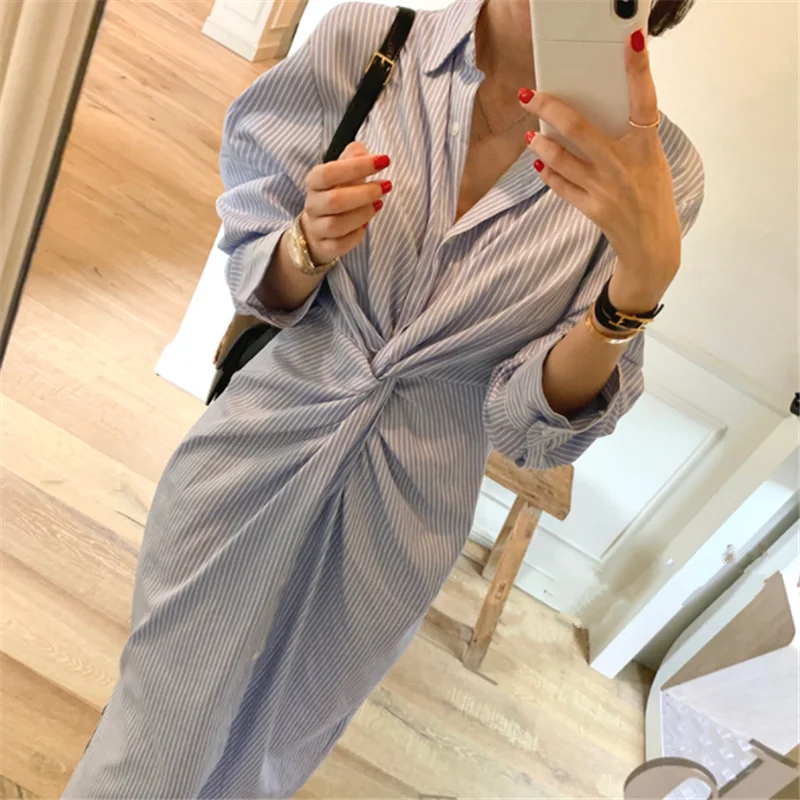 REALEFT 2024 New Vintage Striped Straight Women\'s Shirts Dresses Spring Long Sleeve Front Cross Korean Casual Dress Female