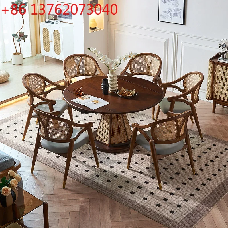 New Chinese round table rattan solid wood home dining room rotating foldable deformation