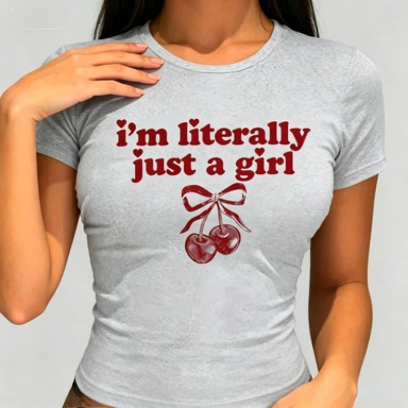 Women Cotton Crew Neck Slim Fit T-Shirt I'm Literally Just A Girl Cherry Bow Print Vintage Distressed Short Sleeve  Tops