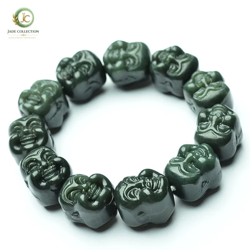 Natural high-quality Hotan Jade Blue Dominant Buddha Head Bracelet Men's Jade Hand String Stable magnetic field energy