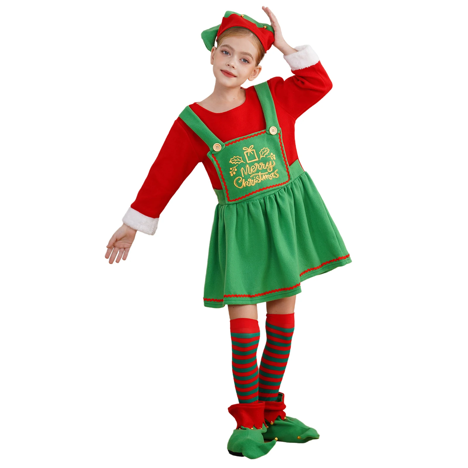 Girls Christmas Elf Cosplay Costume Long Sleeve Dress with Elf Hat Stripes Stockings New Year Xmas Theme Party Fancy Dress Up