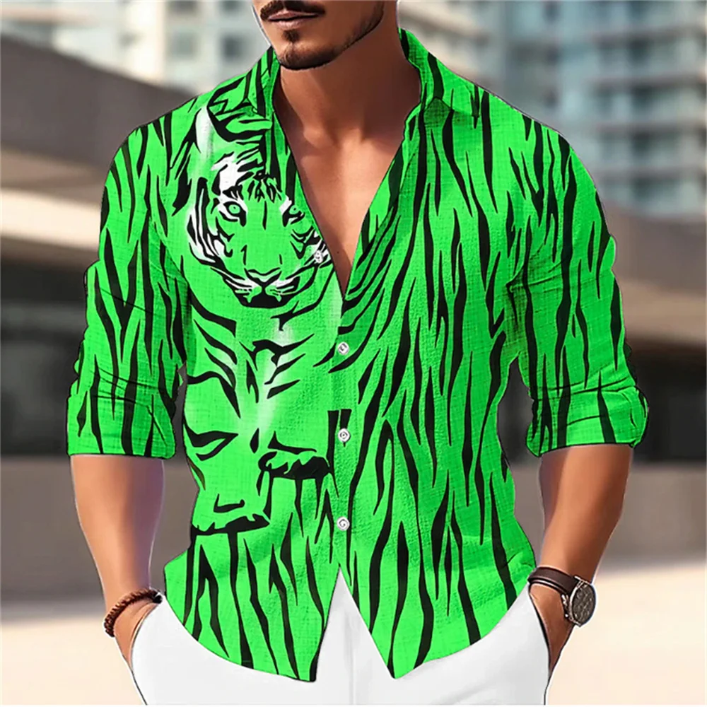 2023 New Solid Tiger Print Pattern Polo Neck Shirt Fashion Designer Men's Street Long Sleeve Top Comfortable Soft Material