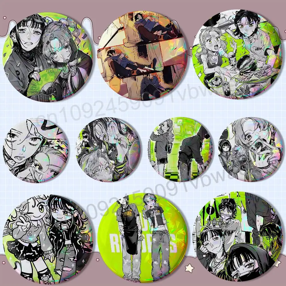 

Comic strip KiniOto Green Yuri Laser reflective round badges pins bag clothing decorations collectibles gifts for friends