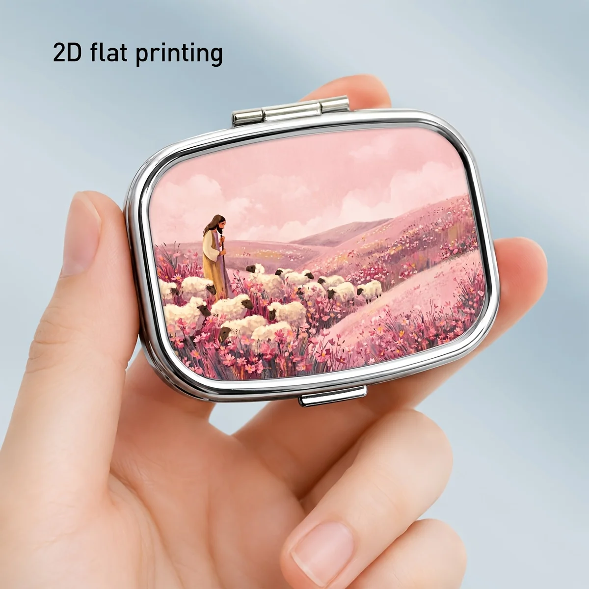 Natural Pink Sheep Flock Landscape Pattern Square Medicine Storage Box, Small Metal Pill Box, Two-Compartment Design, Portable for Storing Vitamins, Jewelry, and Small Items, Durable for Outdoor Travel and Daily Use, Gift