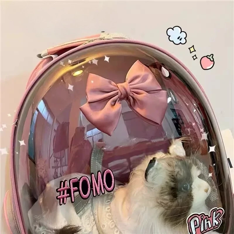 Pink Bow Decor Transparent Space Capsule Pet Backpack Breathable Dual Shoulder Travel Carrier with Mat Vent Cover for Small Pets