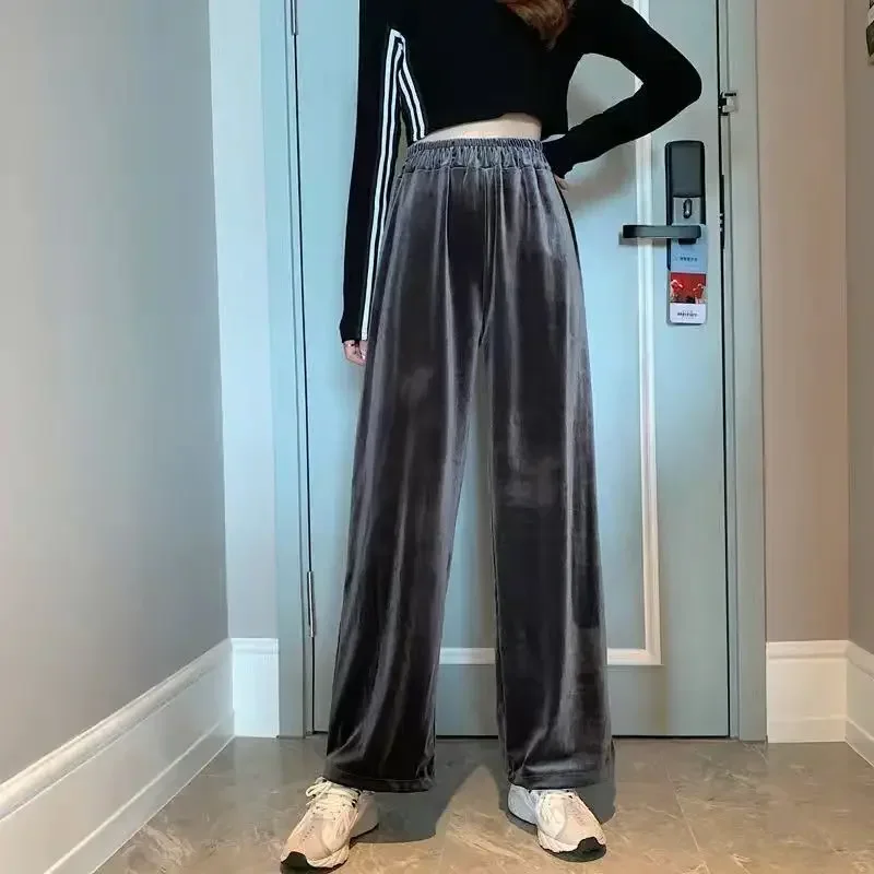 Autumn Winter Korean Velvet Wide Leg Pants Women High Waist Slim Fit Trousers Fashion Casual Vintage Pants Y2k Clothes