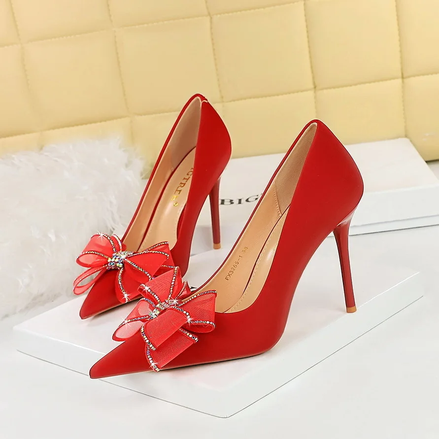 

Banquet Light Luxury High Heels Women's Thin Heels Shallow Mouth Pointed Lace Bow Women Single Wedding Shoes Pumps туфли женские