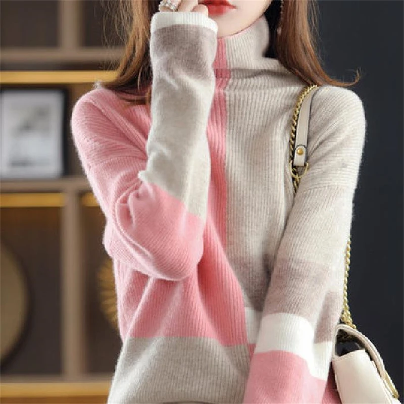 Women Trendy Contrast Color Turtleneck Soft Warm Knitted Sweaters Autumn Winter Casual Long Sleeve Loose Pullover Tops Jumpers