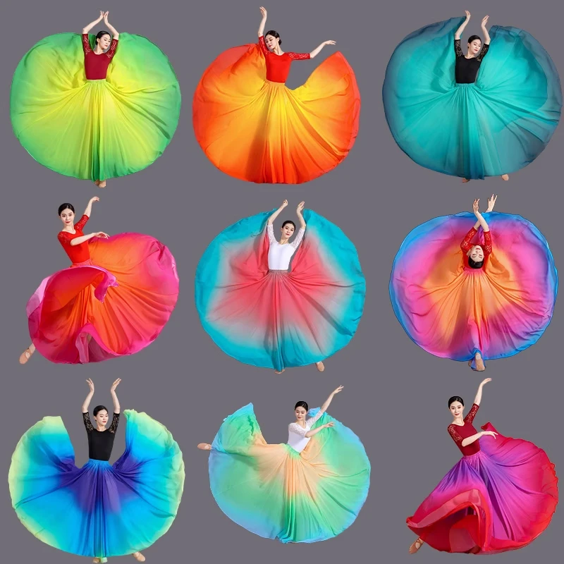 Women Classical Dance Skirts Gradient Flowing Spanish Flamenco Skirt 720 Degree Long Belly Dance Skirt Performance Costume