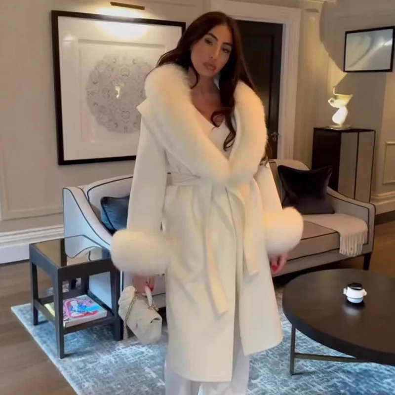 

Модное повседневное шерстяное пальто для женщин, короткая верхняя одежда с меховым воротником и поясом на талии, осень 2025, полиэстер