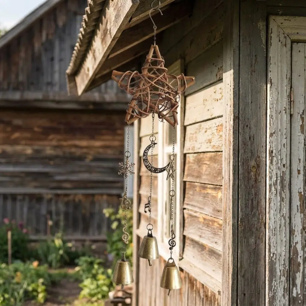 Pastoral Style Rattan Woven Wind Chime Five-pointed Star Textured Frame Door Hanging Hand Woven Tinkling Sound