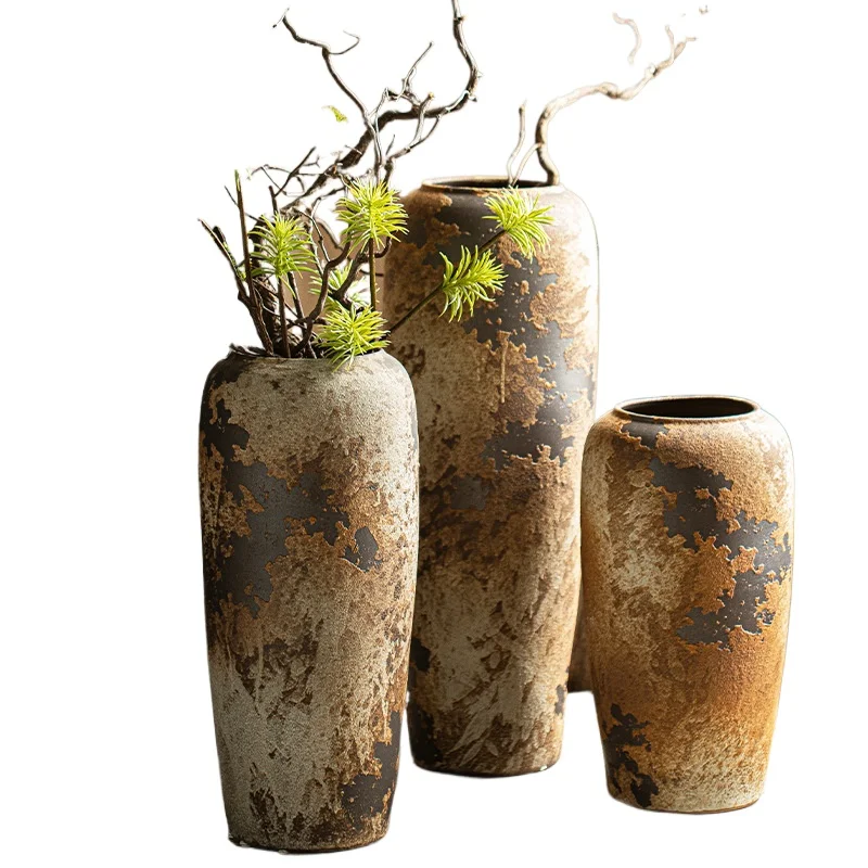 

Retro style ceramic floor-to-ceiling large vase, living room flower arrangement ornament, pottery pot, coarse pottery B & B Zen