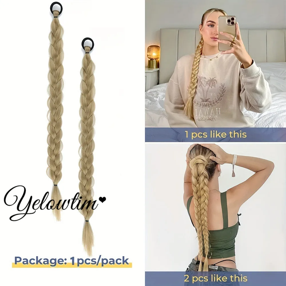 Synthetic Long Twist Braid Ponytail Extensions With Rubber Band 24 Inch Boxing Braided Hair Extensions For Women Daily Use