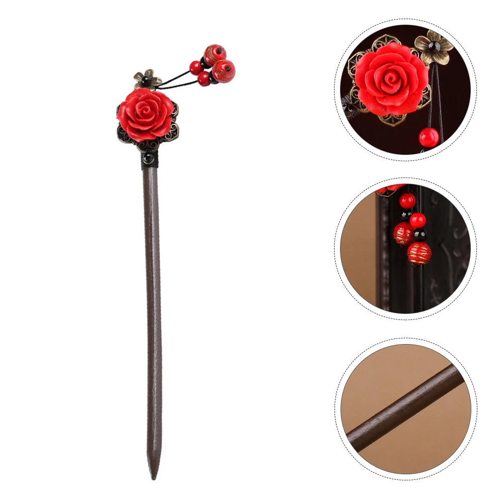 

Vintage Hairpin Headdress Accessories Red Flower Chinese Style Beads Shaped Wedding Pins Durable High Quality
