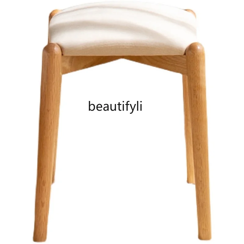 Solid Wood Makeup Stool Oak Soft Fabric Covered Stool Modern Minimalist Dressing Table Stool Home Bedroom Dressing Stool