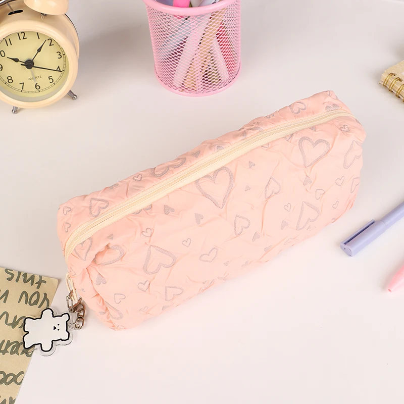 Love Heart Pink Pencil Case Sweet Simple Large Capacity Storage Bag Cosmetic Bag Makeup Bag School Stationery Supplies