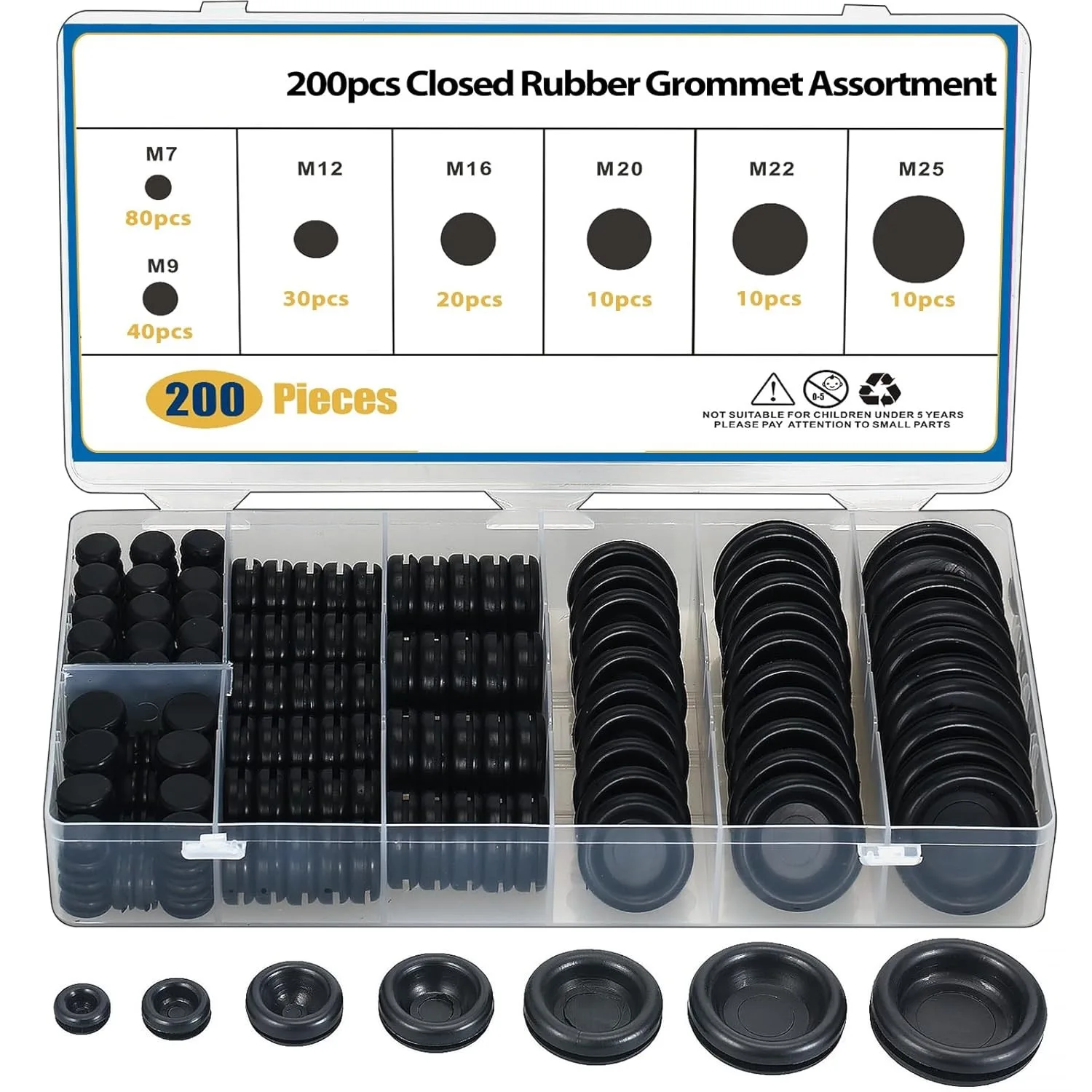 200 Pcs 7 Sizes Rubber Grommet Assortment Firewall Solid Closed Hole Plug for Wire Electrical Conduit