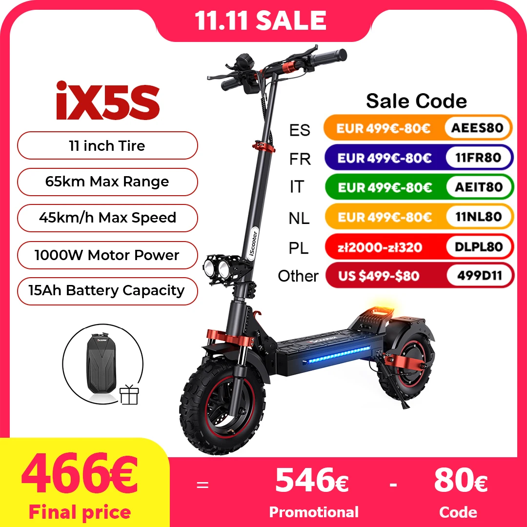 iScooter iX5S 11 inch Electric Scooter 1000W 15Ah 45km/h Off Road Powerful Electric Scooter 65KM Max Range Kick Scooters