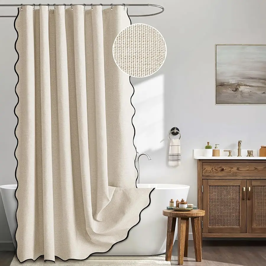 

Beige Scalloped Shower Curtain Linen Textured with 12 Metal Hooks Cute Hea y Duty Washable Waterproof Neutral Thick Cloth Shower