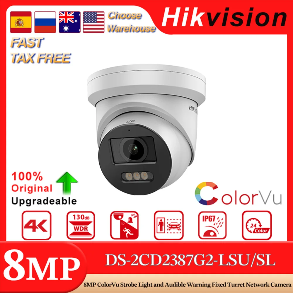 Hikvision Original DS-2CD2387G2-LSU/SL 8 MP ColorVu Strobe Light Audible Warning Fixed Turret Network Camera Two-Way Audio IP67