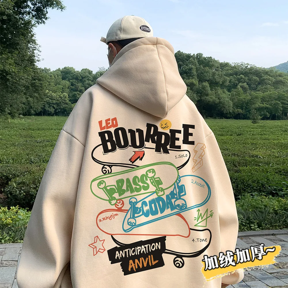 

Graffiti hooded sweater men's autumn and winter fleece thickened American retro 400g heavy trendy brand oversize coat