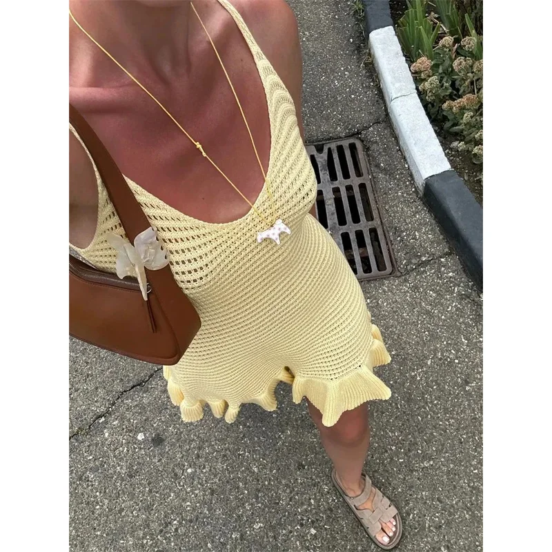 JINIA Maglia increspato scava fuori mini abito femminile con scollo a V trasparente vacanza spiaggia abbigliamento casual abito estivo in maglia da donna