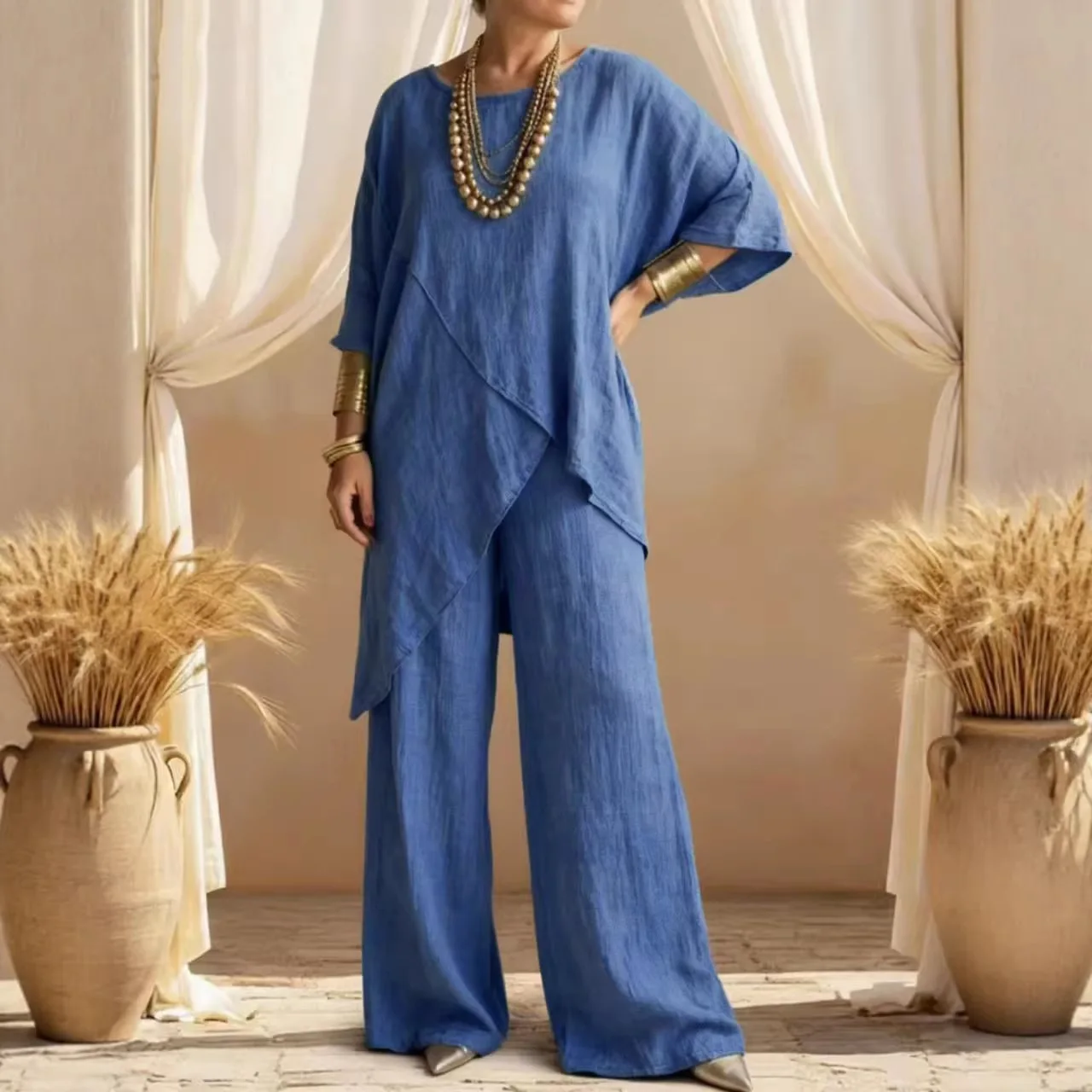 

Spring Summer Fashion Thin Women's Office Two Piece Set Solid Irregular Long Top+Wide Leg Pants Suit Lady Casual Comfort Outfit