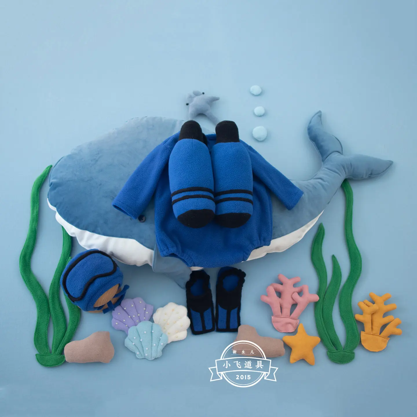 newborn-photography-props-underwater-world-diver-themed-with-backdrop-outfit-hat-with-whale-seaweed-shells-decor-baby-photoshoot