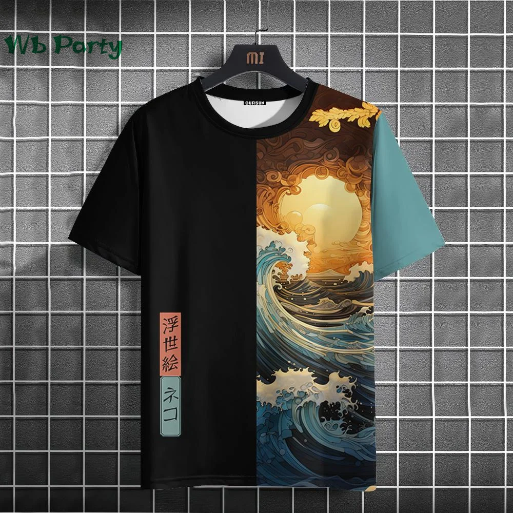 Japanese Style Men\'s T-shirt Ukiyo-E Sea Wave Pattern Printing Men T-shirt Simple Print Male T-shirt O-Neck Men\'s Summer Clothes