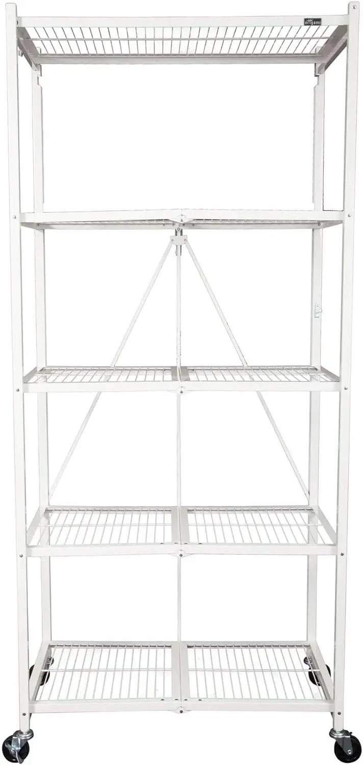 5 Shelf Foldable Storage Shelves No Assembly Needed With Wheels And Multiple Color Options For Home, Kitchen, And Office, White